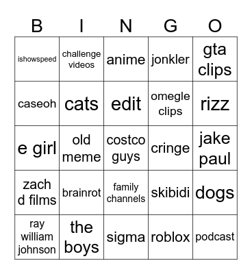 yatube shorts bing Bingo Card
