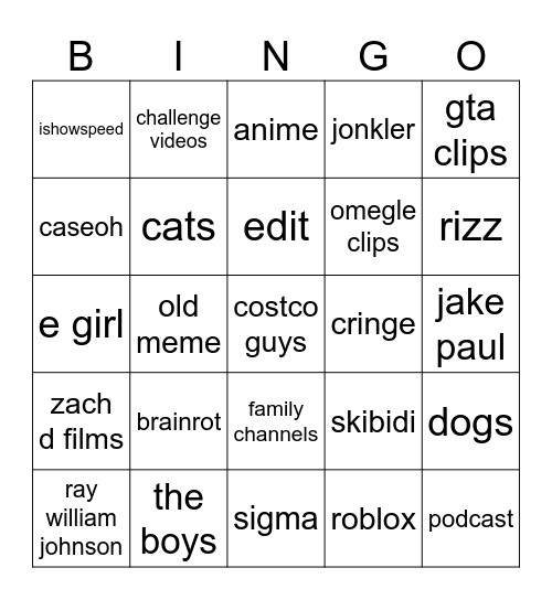 yatube shorts bing Bingo Card