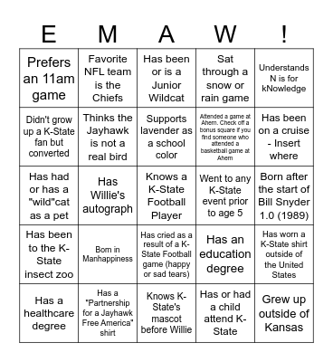 Kansas State Football Bingo Card