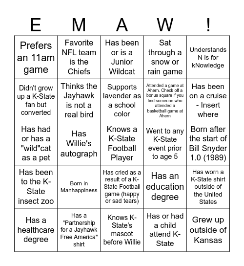 Kansas State Football Bingo Card