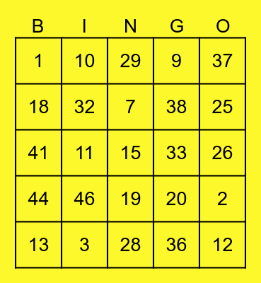 Number Bingo Card