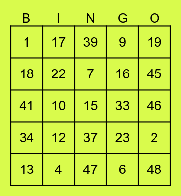 Number Bingo Card