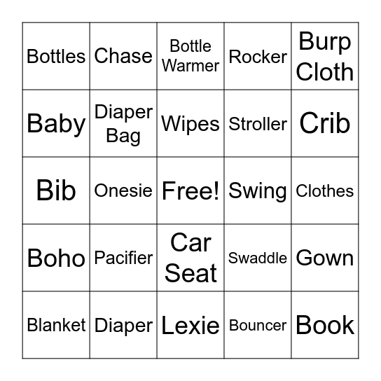 LEXIE'S BABY SHOWER BINGO Card