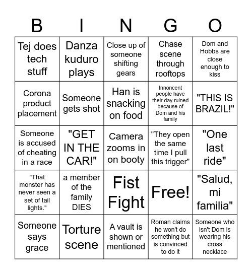 Fast and Furious Bingo (Movies 1 - 4) Bingo Card