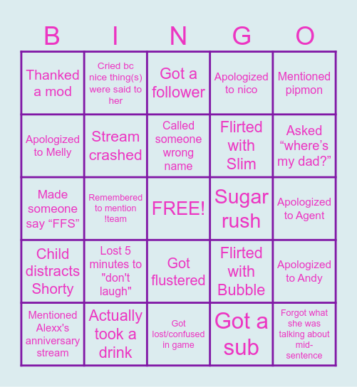Shorty's Bingo Card