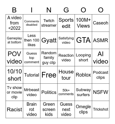 YouTube shorts bingo Card