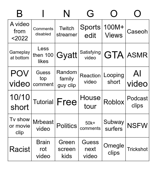 YouTube shorts bingo Card