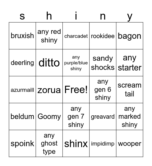 shiny bingo Card