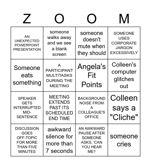 WW Zoom Meetings Bingo Card