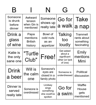 Turtle Club Labor Day Weekend Bingo Card