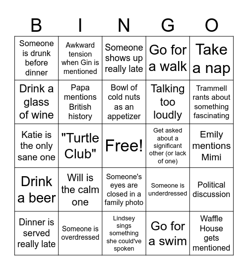 Turtle Club Labor Day Weekend Bingo Card