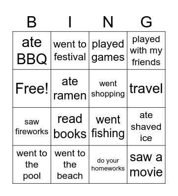 Summer Vacation Bingo Card