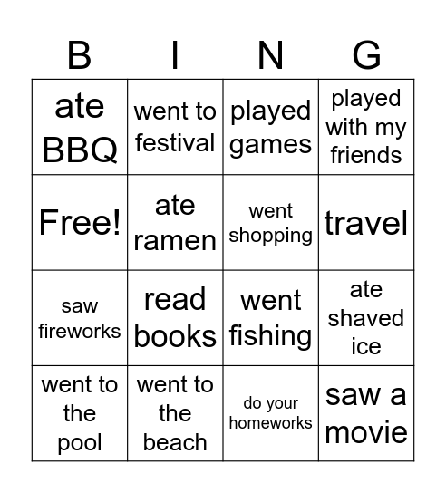 Summer Vacation Bingo Card