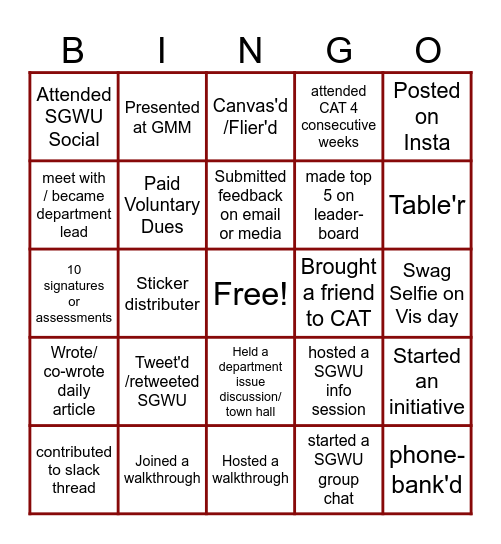 SGWU Organizers Bingo Card