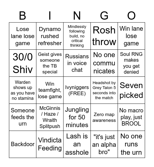 DEADLOCK Bingo Card