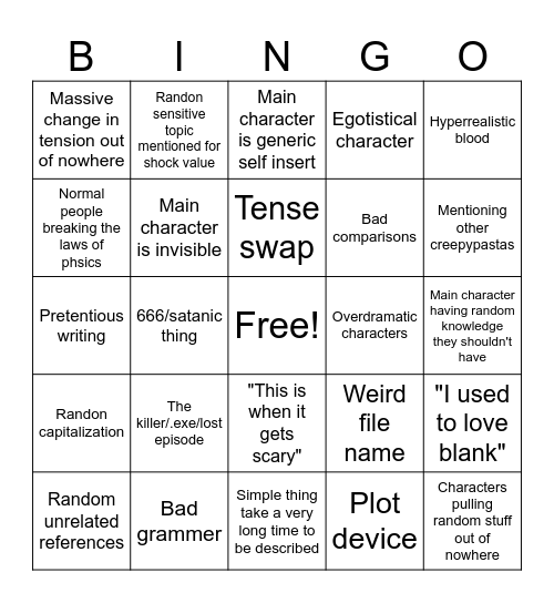 Creepypasta Bingo Card