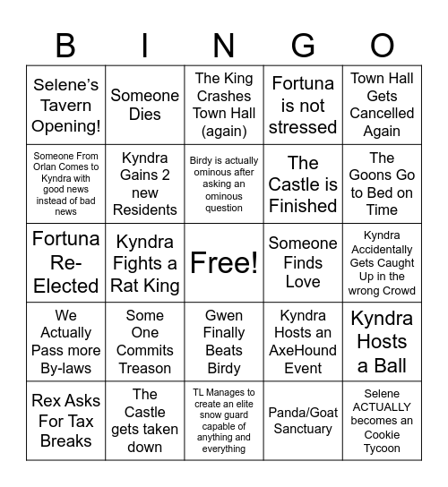 Kyndra Season 4 Bingo Card