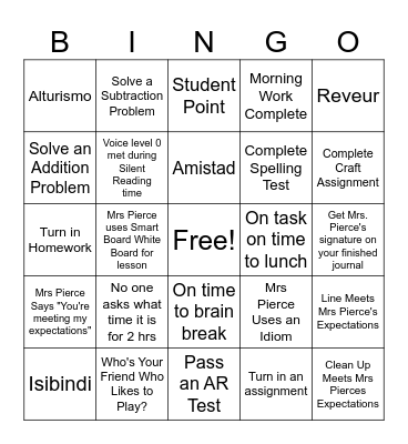 Friday August 30 Bingo Card