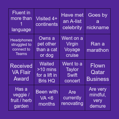 Virgin About Me Bingo Card