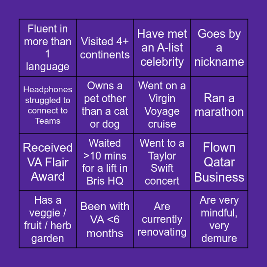 Virgin About Me Bingo Card