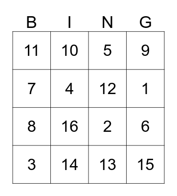 Number Bingo Card