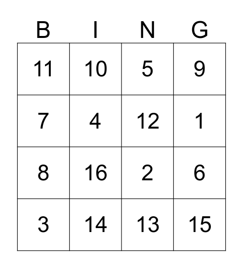 Number Bingo Card