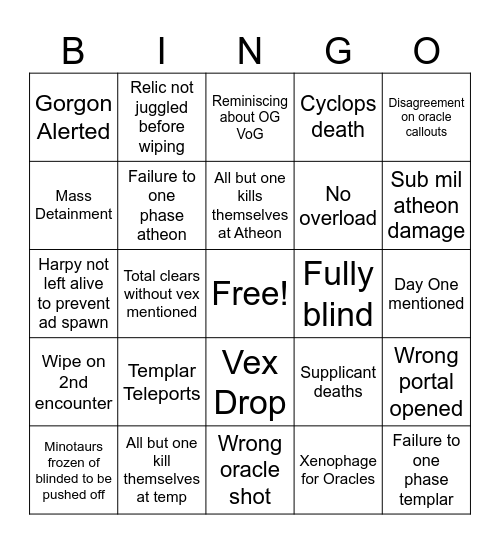 Vault of Glass Bingo Card