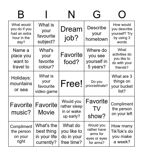 College Student Social Bingo Card