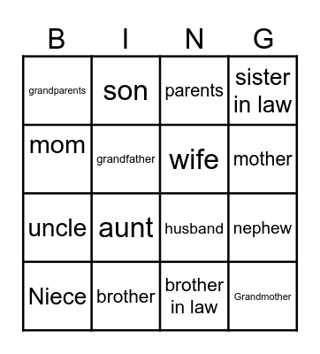 Family Vocabulary Bingo Card