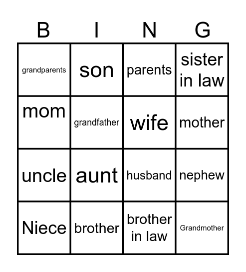 Family Vocabulary Bingo Card