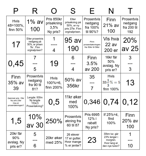 Prosentbingo Card