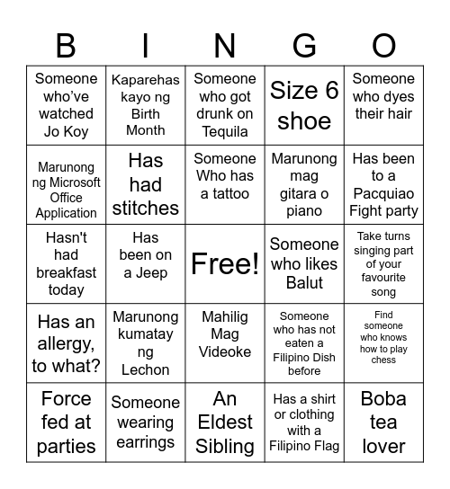 Filipino Human Bingo Card