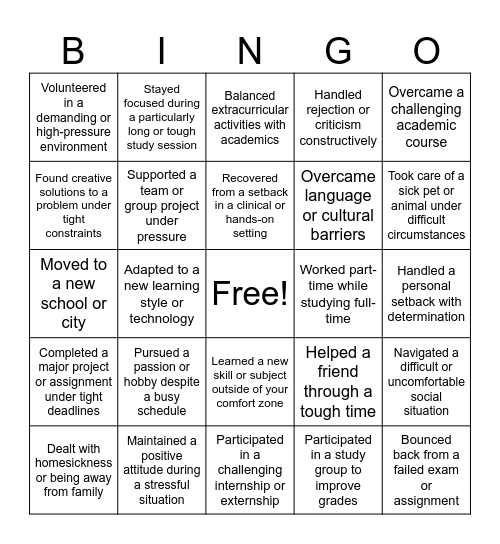 Resilience Bingo Card
