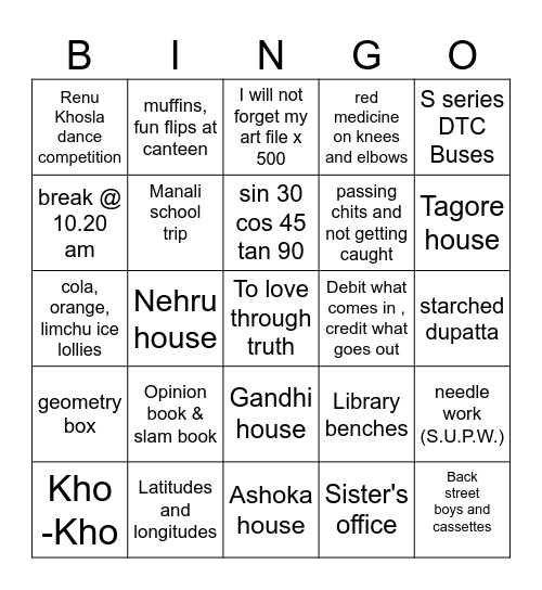 back to school Bingo Card