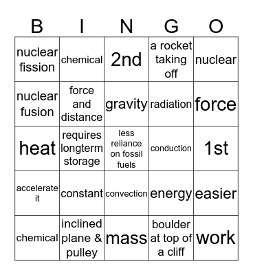 Energy, Work, Force & Simple Machines Bingo Card