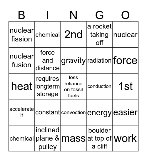 Energy, Work, Force & Simple Machines Bingo Card