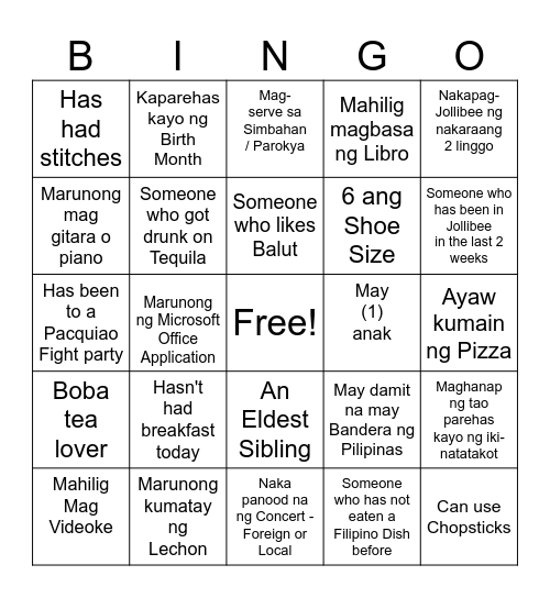 Filipino Human Bingo Card