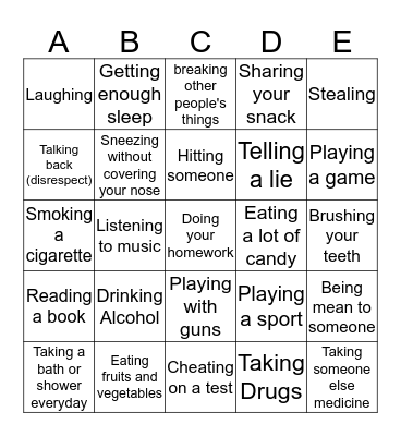 Healthy and Unhealthy Choices Bingo Card