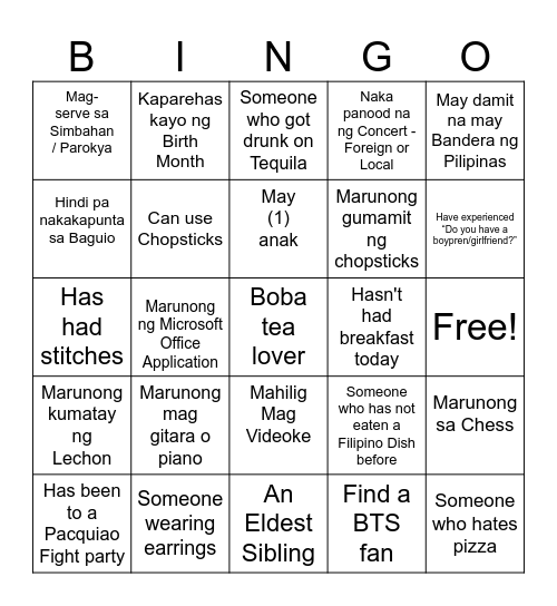 Filipino Human Bingo Card