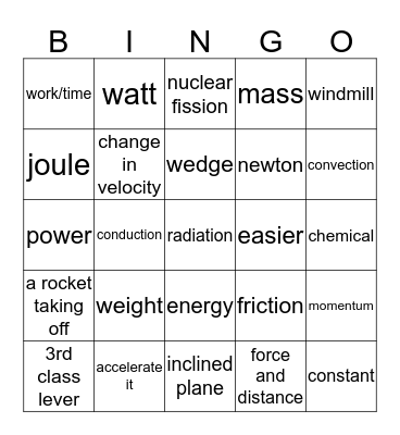 Energy, Work, Force & Simple Machines Bingo Card