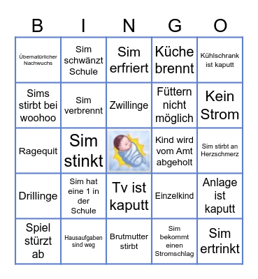 Sims 100 Baby Challenge Bingo Card
