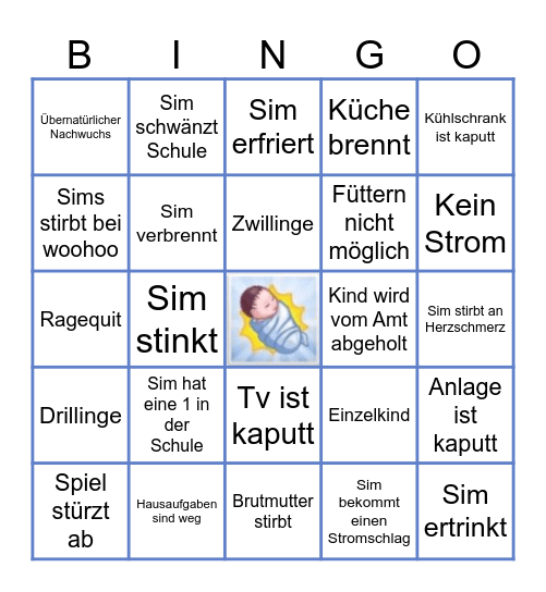 Sims 100 Baby Challenge Bingo Card