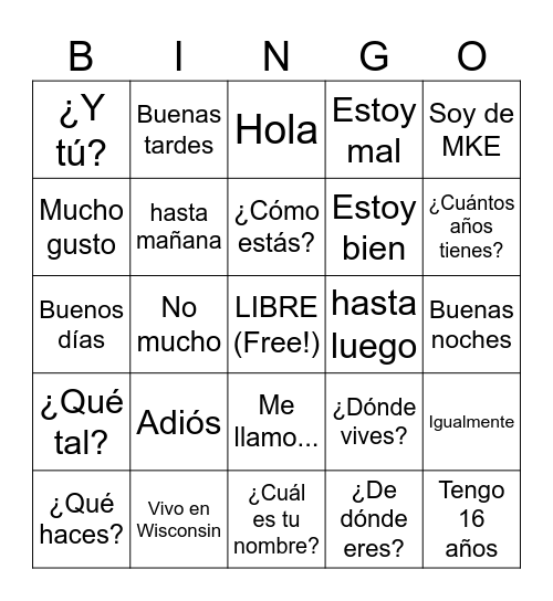 Saludos y Despedidas Bingo Card