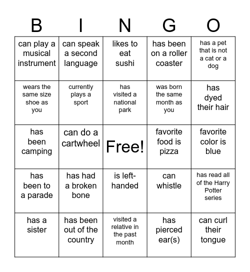 Get to Know You Bingo Card