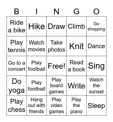 Free-time activities Bingo Card