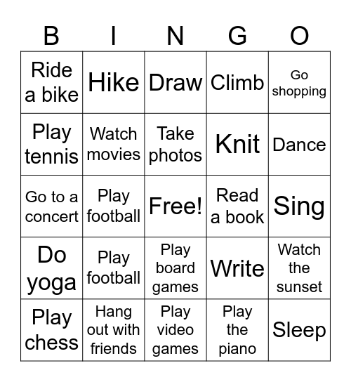 Free-time activities Bingo Card