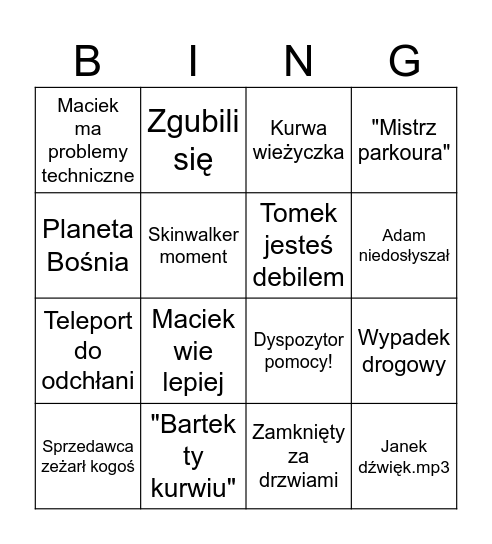 LC Bingo drużyny DD Bingo Card