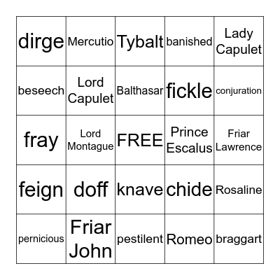 Romeo and Juliet Bingo Card