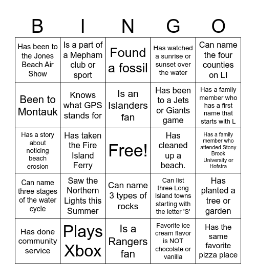 Earth Science Getting To Know You Bingo Card