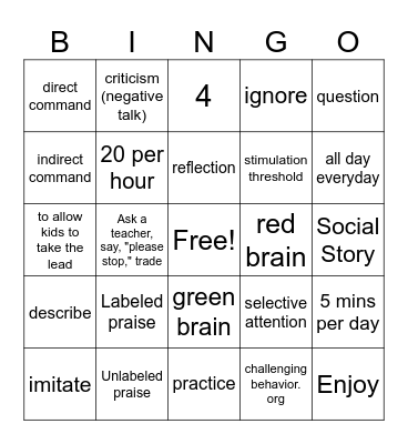 PCIT PRIDE Skill Bingo Card